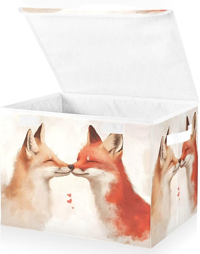 AIXIWAWA Lidded Storage Cube (Love Foxes) Fabric Foldable Closet Bins with Flip Lid and Handles Organizer Basket Container 16.5 x 12.6 x 11.8 IN