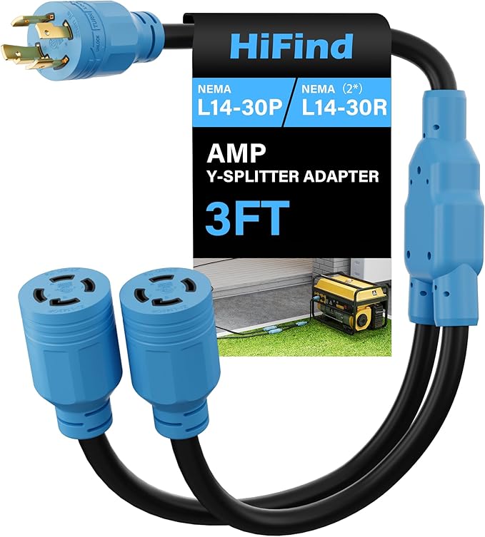 4 Prong 30 Amp Generator Y Splitter Locking Adapter Cord 3 Ft NEMA L14-30P to (2) L14-30R Power Converter Plug 10/3 AWG SJTW Outdoor 125/250V for Manual Transfer Switch Outages RV CamperETL-Blue