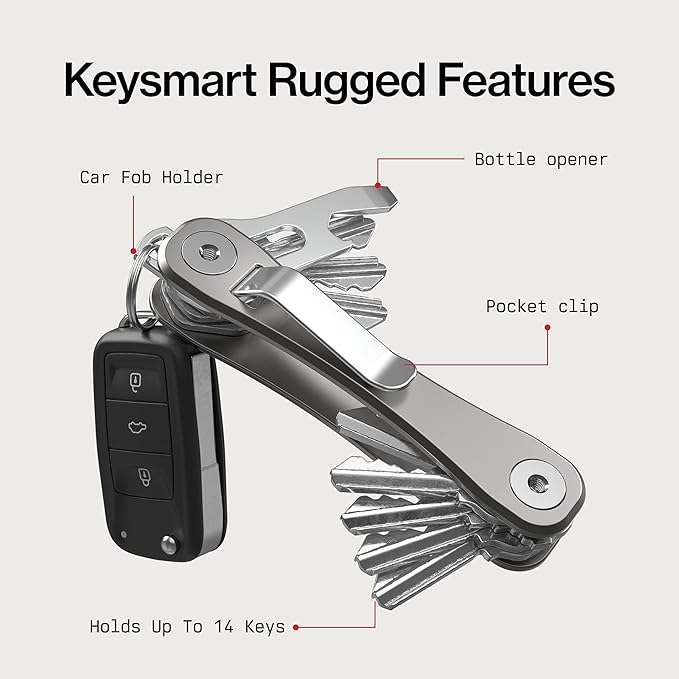 KeySmart Rugged - Multitool Key Holder for Keychain w/Bottle Opener and Pocket Clip Organizer for Keys EDC Keychains Ring for Car Fobs Key Chains Expandable (Up to 14 Keys Titanium)