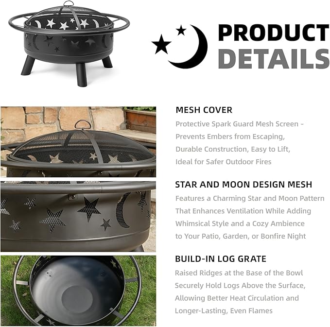 32 Round Wood Burning Fire Pit with Mesh Cover Fire Poker Star &amp Moon Cutouts Metal Outdoor Firepit for Patio Backyard Garden Bonfire Camping Christmas Thanksgiving Halloween