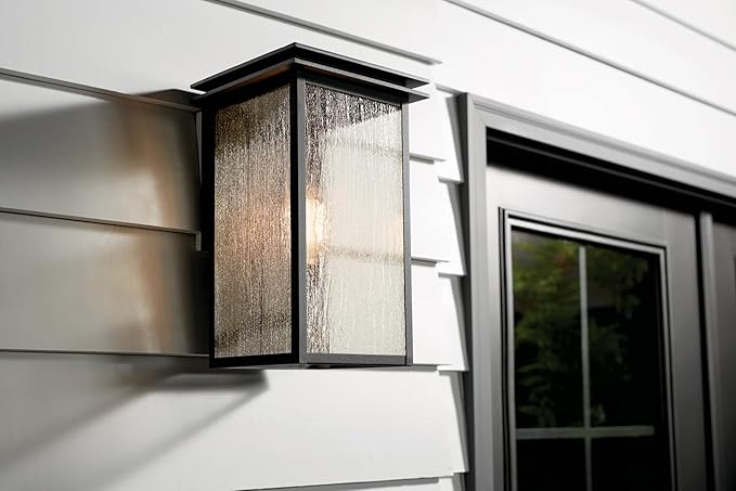 Kichler Arkville 14 1 Light Outdoor Wall Light with Clear Seeded Glass in Textured Black for Exterior Doors Walls Porch (14 x 8.5) 59541BKT