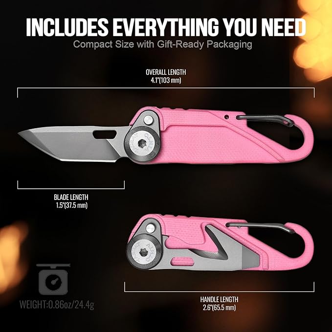 TACRAY Vinto 5-in-1 Small Pocket Knife – Ultra-Light Compact Multitool with Utility Knife Seatbelt Cutter Bottle Opener Flathead Screwdriver &amp Keyring Attachment for Everyday Carry (Pink)