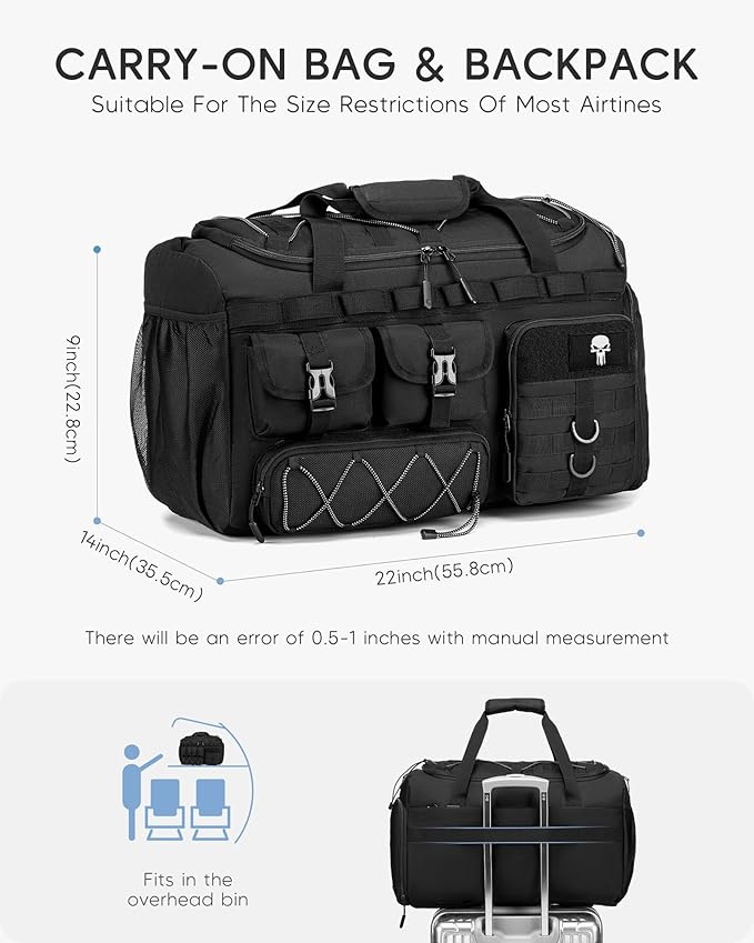 Tactical Gym Bag for Men Women Carry On Luggage 22x14x9 Airline Approved 3 in 1 Travel Duffle Bag with Shoe Compartment for Weekender Overnight Range Workout