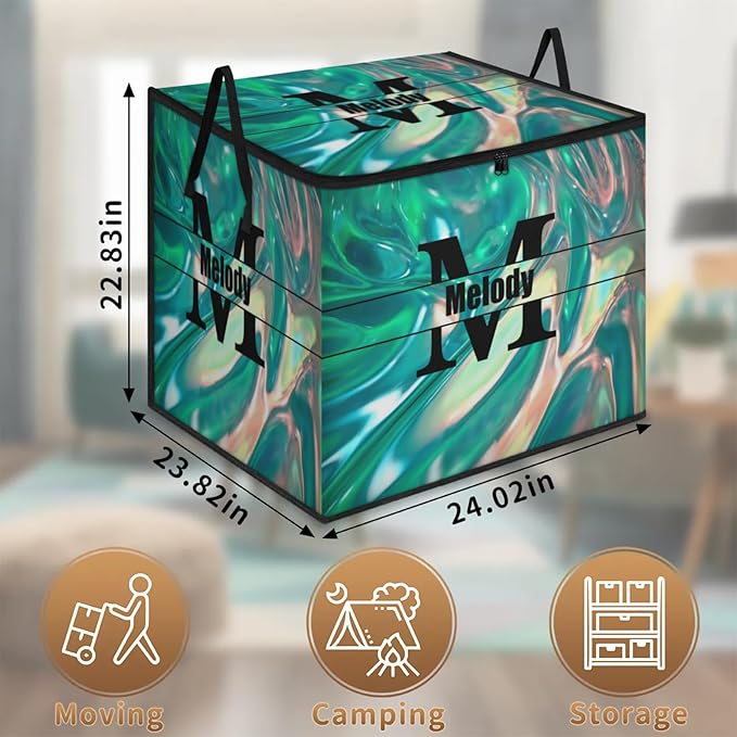 Custom Name Large Clothes Storage Organization with Lids Black Initial Letter Kids Toys Bin Shelf Basket Bedding Clothes Storage Bin for Nursery Gift Basket Abstract Green Pattern