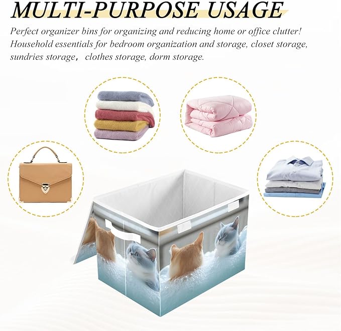 AIXIWAWA Lidded Storage Cube (Showering Cats) Fabric Foldable Closet Bins with Flip Lid and Handles Organizer Basket Container 16.5 x 12.6 x 11.8 IN