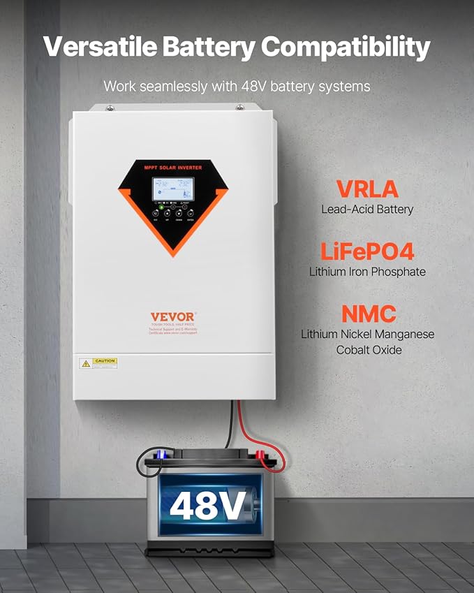 VEVOR Hybrid Solar Inverter 6000W Single Phase Pure Sine Wave Power Inverter 48V DC to 220/230V AC with Built-in 120A MPPT Solar Charge Controller for Off-Grid System Lead Acid Lithium Battery