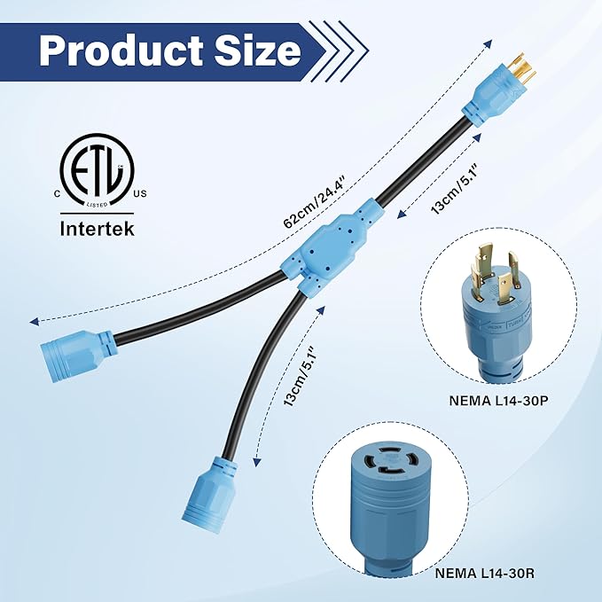 4 Prong 30 Amp Generator Y Splitter Locking Adapter Cord 3 Ft NEMA L14-30P to (2) L14-30R Power Converter Plug 10/3 AWG SJTW Outdoor 125/250V for Manual Transfer Switch Outages RV CamperETL-Blue