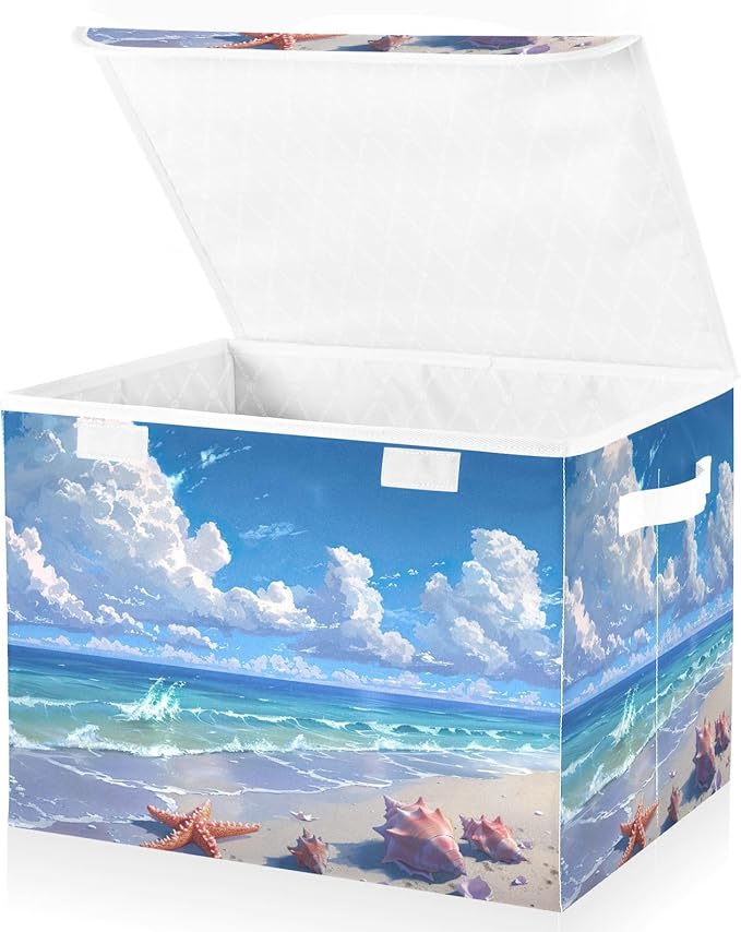 Kigai Beach Shells Foldable Storage Bin Cube Organizer Basket with Flip-Top Lid Clothes Blanket Box for Home Office Closet