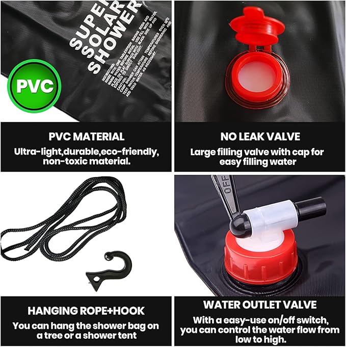 20L Portable Shower Bag with Switch Hose and Plastic Head Large Capacity Solar Water Storage for Camping Outdoor Hiking Picnic