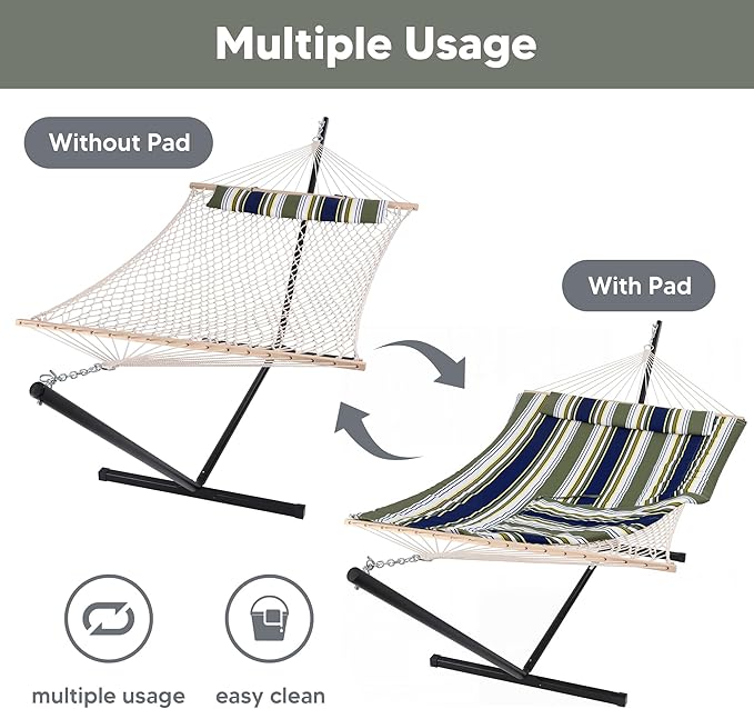 SUNCREAT Hammocks Double Outdoor Hammock with Stand Cotton Rope Two Person Hammock with Polyester Pad &amp Large Pillow Blue&amp Gray