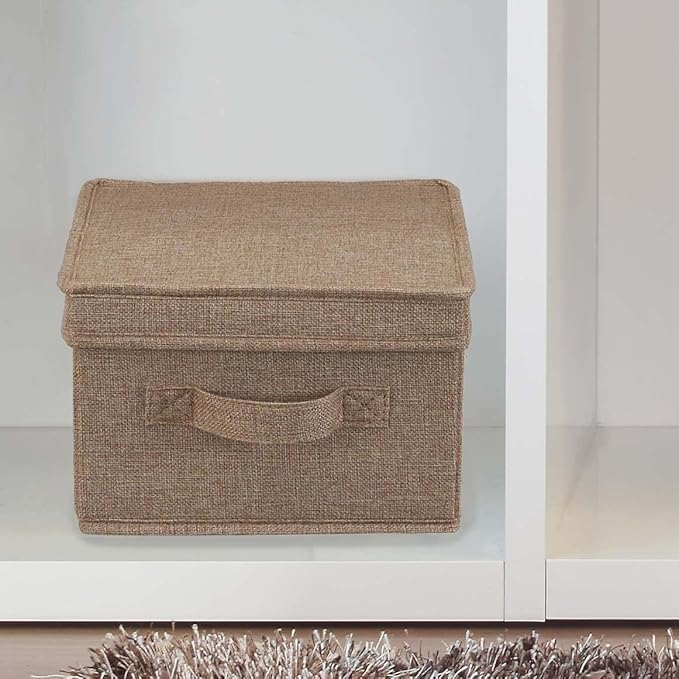 Household Essentials Large Fabric Storage Bins 2 Pack Soft Poly Linen with Sturdy Sides Attached Handle and Fully Removable Lid Brown