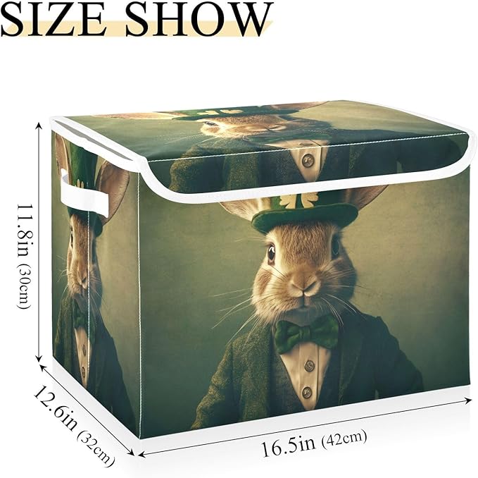 Storage Cube with Lid Saint Patrick’s Day Rabbit Print 16.5×12.6×11.8 IN Collapsible Large Capacity Foldable Storage Basket Bin Organizer