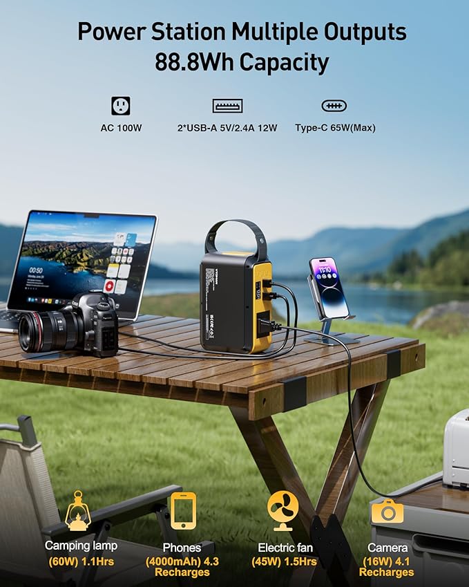 VTOMAN Jump 100 Portable Power Station 88.8Wh Solar Generator LiFePO4 Battery Power Station with 100W (Peak 200W) AC Outlet 1x PD 65W USB-C 2x Regulated 5V/2.4A USB-A for Camping
