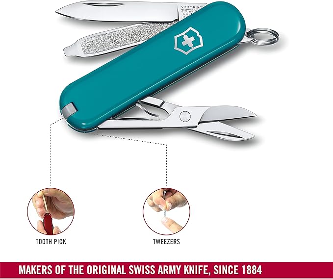 Victorinox Classic SD Swiss Army Knife Compact 7 Functions Swiss Made Pocket Knife with Small Blade Screwdriver and Key Ring - Mountain Lake (Torqouise)