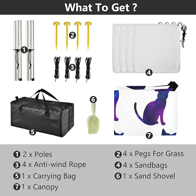 xigua Cat Pattern Beach Tent Sun Shelter with Carrying Bag - Silver Coated Oxford Fabric Beach Canopy for Beach Camping Fishing - Includes Windproof Ropes Sandbags &amp Stakes