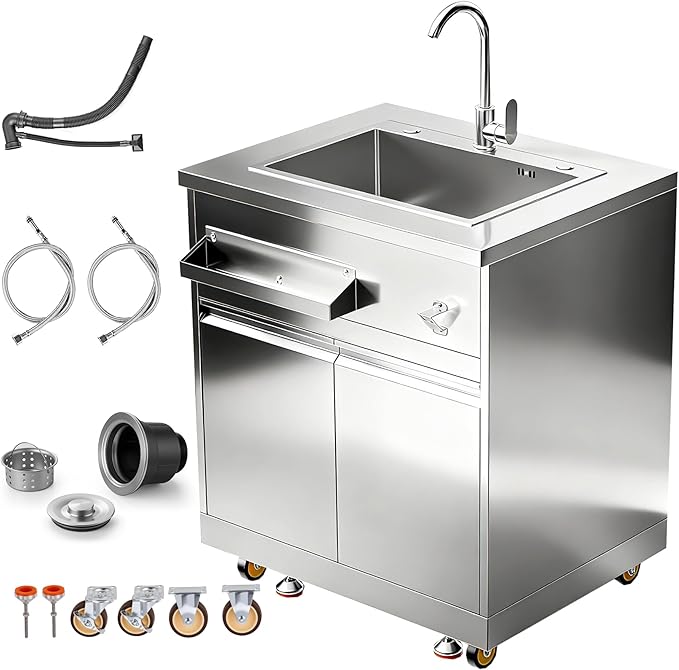 BODEGA Stainless Steel Outdoor Kitchen Sink Cabinet Outdoor Sink With Hose Hook UpSingle Bowl Kitchen Sinks With Brake Wheels &amp Spice Rac All-Weather Use Mobile Prep Station for BBQ Camping