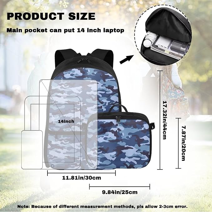 Blue Camo Backpack with Lunchbox Polyester Bookbag for Men Insulated Lunch Bag for Work Lightweight School Bag with Adjustable Shoulder Strap for Travel