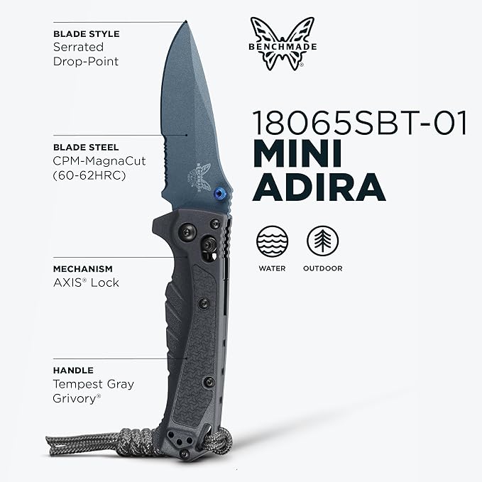 Benchmade - Mini Adira Outdoor Water Fishing Knife Drop-Point Serrated Blade with Tempest Gray Grivory Handle (18065SBT-01)