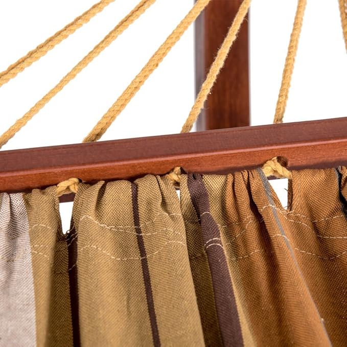 Lazy Daze Hammocks Cotton Fabric Spreader Bar Hammock and 10.5 Ft Wood Arc Hammock Stand Combo for Indoor Outdoor Patio Garden Backyard Khaki and Brown
