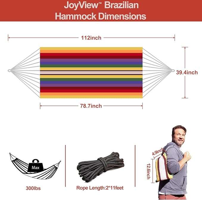 JoyView Brazilian Hammock for Single Person Portable Hammock with Hanging Ropes &amp Carry Bag Large 78.8x39.4” for Patio 300LBS Capacity Perfect for Outdoor/Indoor - Red Stripes