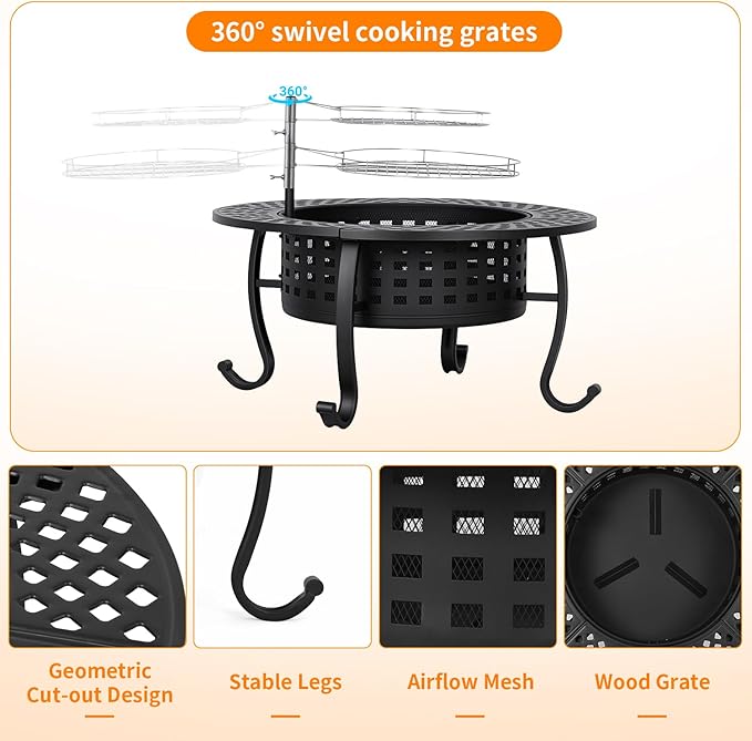 FDW 36 Inch Fire Pit with 2 Adjustable Grills Wood Burning Outdoor Fire Pit with Lid Poker &amp Waterproof Cover 3-in-1 Fire Pit Table for BBQ Bonfire &amp Patio Dining