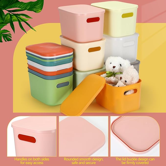 Thyle 12 Pack 7 Quarts Plastic Storage Bins Stackable Baskets with Lid and Handle with Label Colorful Desktop Box Toy Containers for Classroom Shelf Bedroom 10 x 7 x 6 Inch (Classic Color)