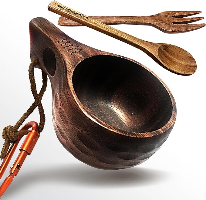 Nordic Kuksa 6oz (177ml) w/spoon &amp fork Handcrafted dark Wooden Camping Cup Set – Bushcraft Gear. Crafted from dark natural hardwood for a rugged look. Wilds-to-Home Ready ! Adventure Totem！