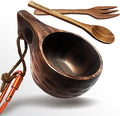 Nordic Kuksa 6oz (177ml) w/spoon &amp fork Handcrafted dark Wooden Camping Cup Set – Bushcraft Gear. Crafted from dark natural hardwood for a rugged look. Wilds-to-Home Ready ! Adventure Totem！