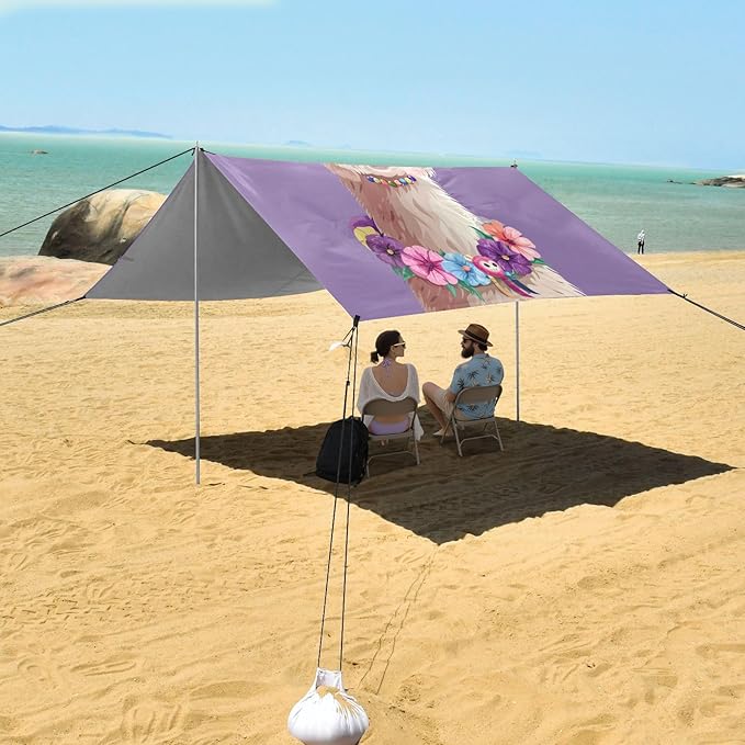 ALAZA Cute Llama Alpaca Wreath Beach Tent Sun Shelter UPF50+ Protection Beach Shade Canopy w/ 4 Sandbags for Outdoor Camping Fishing Backyard Fun Picnic 10x9 ft