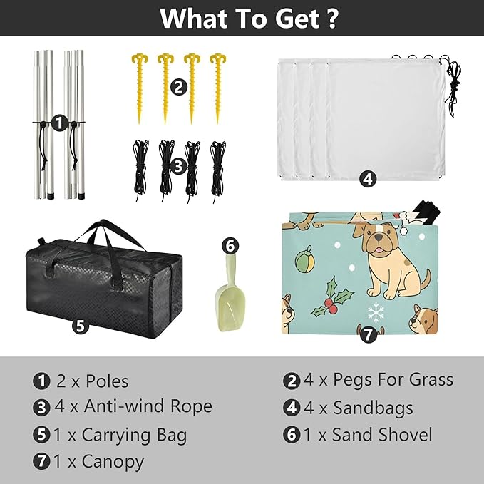 Christmas Dog Beach Canopy Sun Shelter with Sandbags &amp Sand Shovel &amp Windproof Ropes - Portable 110x126 Beach Shade Beach Tent for Camping Picnics