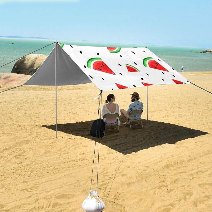 Beach Canopy with Windproof Ropes &amp Sandbags Beach Tent Sun Shade Sun Shelter for Camping Trips Fishing Backyard Fun or Picnics Watermelon
