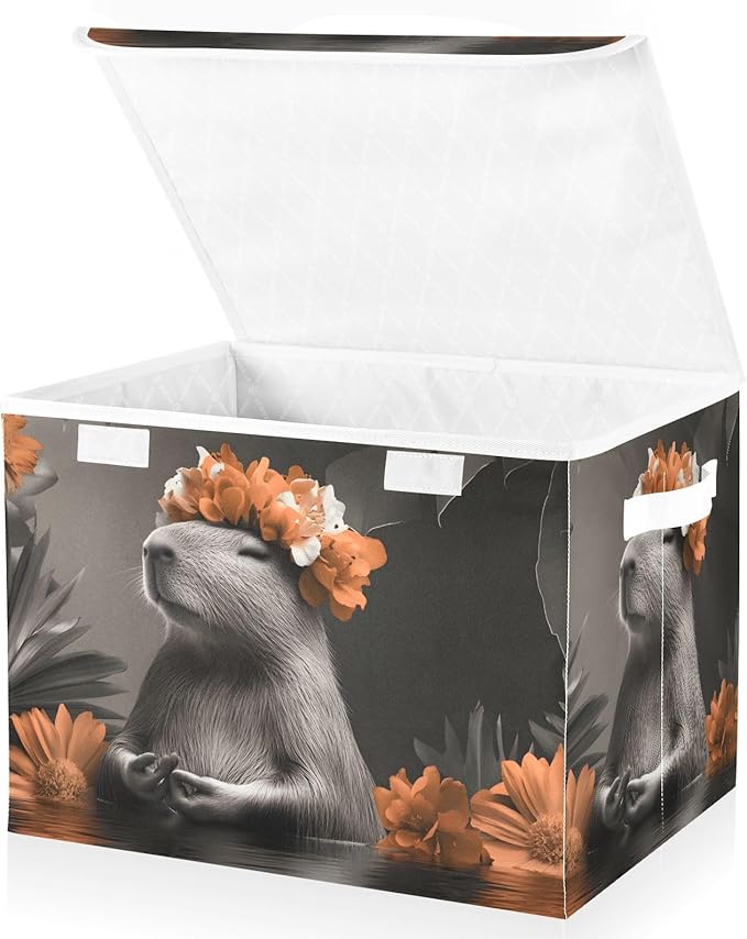 Peace Capybara Storage Cube Bins Basket with Lid Collapsible Flip-top Fabric with Handle for Home Bedroom Closet Office 16.5×12.6×11.8 in