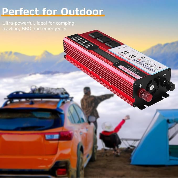 2000 watt Solar Power Inverter Solar Power Inverter 12V DC to 110V-120V AC Converter with 3 AC Outlets 2 USB Charging Port LCD Display for Off-Grid Solar Power System RV Truck Home