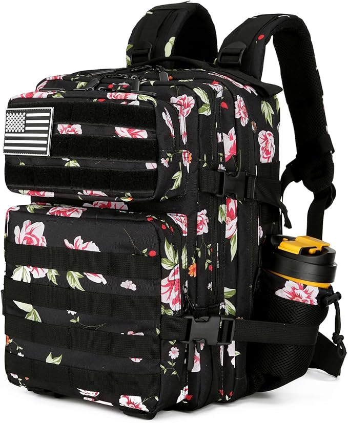 Lovelinks21 25L Tactical Military Backpack Small Travel Rucksack for Men and Women Assault Pack Bug Out Bag Molle Daypack Gym Backpack with Bottle Holder (Peony)