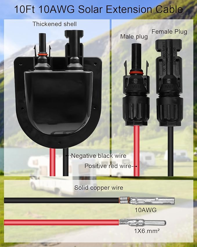Waterproof Solar Connector Entry Gland Cable Junction Box Through RV Roof Solar Entry Housing with 10Ft 10AWG Extension Cable Connector on RV Boat Van Camper Black