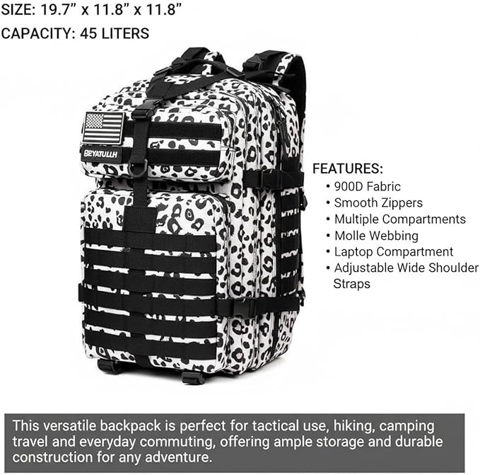 45L Military Tactical Backpack for Men &amp Women Bug Out Bag Assault pack Molle Daypack Hiking Trekking Rucksack (Leopard print)