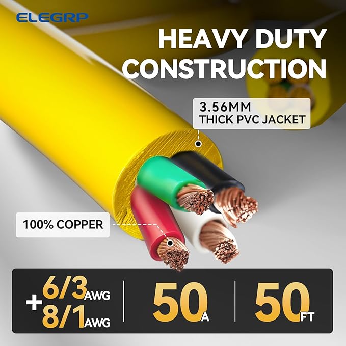 ELEGRP 50 Amp RV/Generator Extension Cord 50FT NEMA 14-50P to SS2-50R Twist Lock 6/3+8/1 Gauge STW Heavy Duty 50A RV Power Cord for Camper/Generator/House UL Standard Compliant 3-Year Support