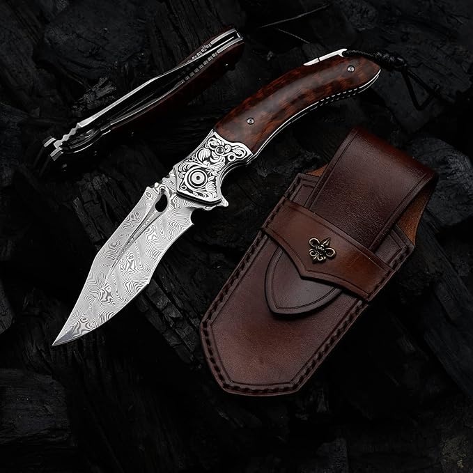 Japanese VG 10 Damascus Steel Folding Knife Outdoor Wilderness Survival Pocket Knife Snake Wood Handle Lined Lock Leather Sheath EDC Pocket Knife