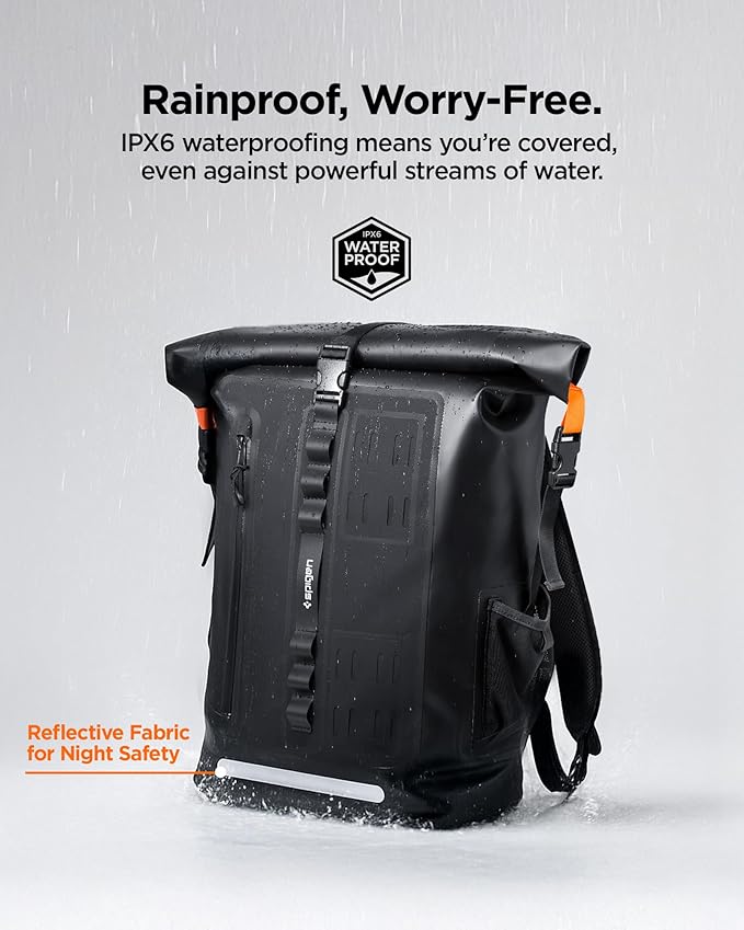 Spigen for Waterproof Backpack IPX6 35L Roll Top Travel Rucksack Fits up to 16 Inch Laptop Multi-Compartment Bag Ventilated Back Chest Strap Hiking Camping Swimming Canoeing Fishing