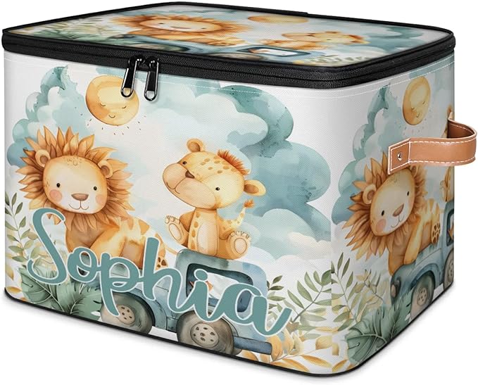 Custom Storage Basket with Name Personalized Storage Bins with Zipper Lid Foldable Fabric Storage Box Large capacity with Handle Lion Car