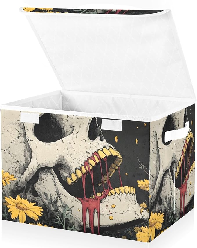 Storage Cube with Lid Horror Skull Print 16.5×12.6×11.8 IN Collapsible Large Capacity Foldable Storage Basket Bin Organizer