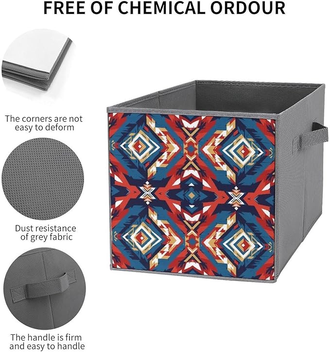 Collapsible Cube Storage Organizer with Handles Aztec Red Blue Foldable Fabric Bin for Shelves Perfect for Closet Bathroom Kids' Room &amp Nursery