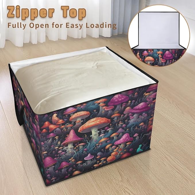 Large Mushrooms Storage Bags with Lid XL Blanket Clothes Storage Bins Foldable Organizers Storage Containers with Handle for Comforters Bed Sheets Pillows Different Mushrooms