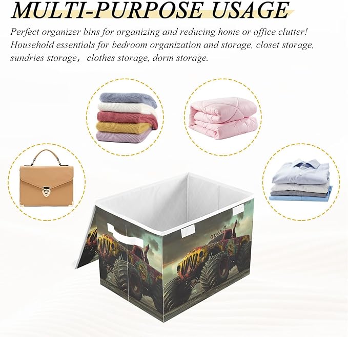 AIXIWAWA Lidded Storage Cube (Retro Monster Truck) Fabric Foldable Closet Bins with Flip Lid and Handles Organizer Basket Container 16.5 x 12.6 x 11.8 IN