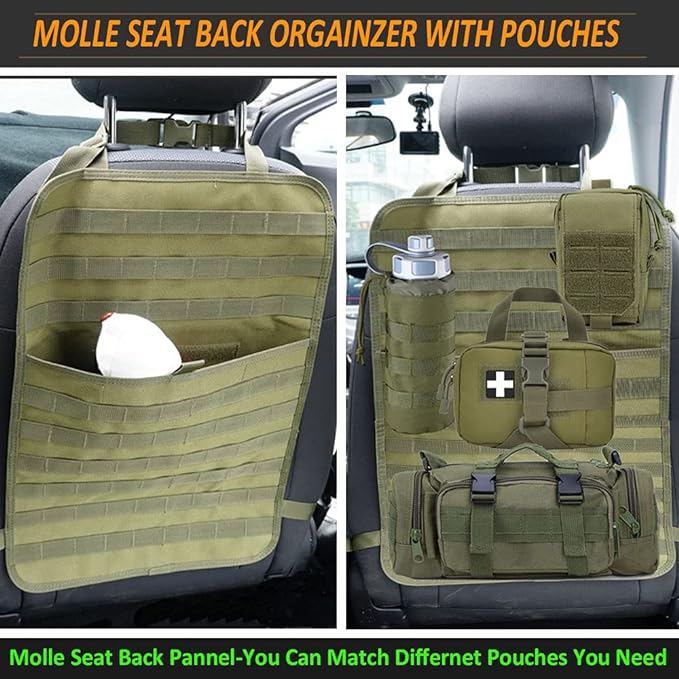 Molle Tactical Seat Back Organizer Panel with Pouches Universal Fit For Vehicle Car Khaki