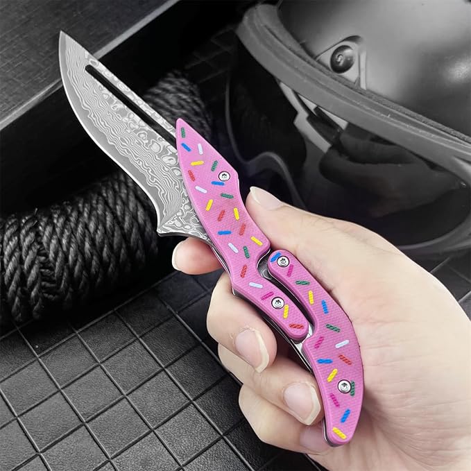 7.3 Damascus Steel Folding Pocket Knife Doughnut Pink Nylon Fiber Handle Mechanical Lock Outdoor EDC Knife for Camping Hiking Fishing Gift