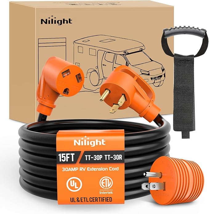 Nilight 15FT 30 Amp RV Extension Cord with Adapter 15Amp to 30Amp 125V Heavy Duty 10/3 Gauge Pure Copper STW Wire UL ETL Listed 3 Prong TT-30P TT-30R Weatherproof Suit for Generators Campers