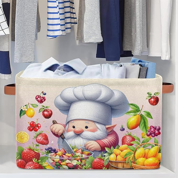 Pardick Cute Gnome Friut Basket Storage Bins Large Fabric Toys Storage Cube Box with Handles Collapsible Closet Shelf Cloth Organizer Basket for Nursery Bedroom Bathroom Holiday Gift
