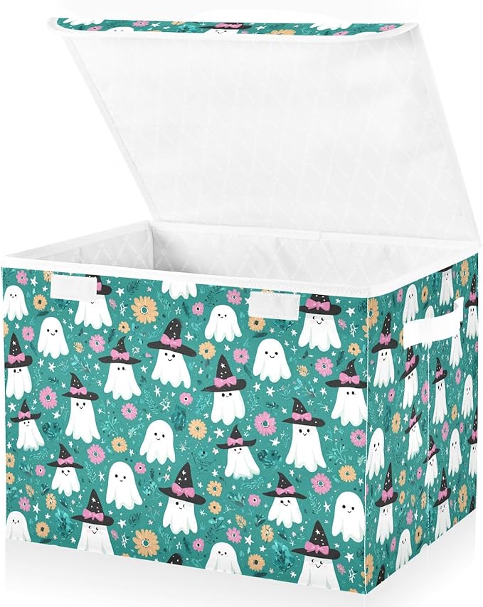Halloween Ghosties Stars Flowers Teal Storage Box with Lid 1 PC Foldable Storage Bin with Lids Stackable Storage Bins Cube Closet Organizer Basket with Flip-Top Lid &amp Handles for Shoes Books Towel