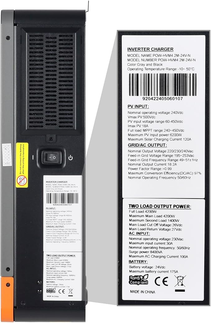 PowMr 4200W Solar Inverter 24VDC to 220-230VAC Off-Grid All-in-One Charger Hybrid Inverter with 120A MPPT Solar Charge Controller Max PV Array 6200W Work for 24V Lead Acid &amp Lithium Battery